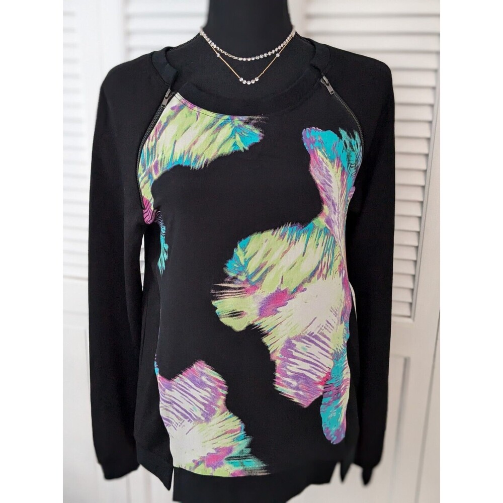 Gemma Silk Blouse Women's sz XS Art To Wear Sweater Multi Watercolors Artsy Geo
